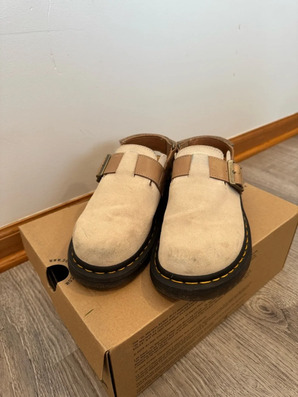 Dr. Martens Beige Suede Clog with Tan Buckle and Black Sole - Picture 2 of 4